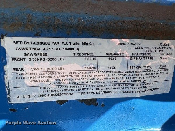 image for item DW6794 2005 PJ CH182 equipment trailer