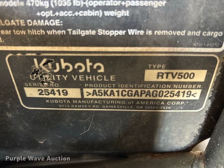 image for item FN3692 2010 Kubota RTV500 utility vehicle