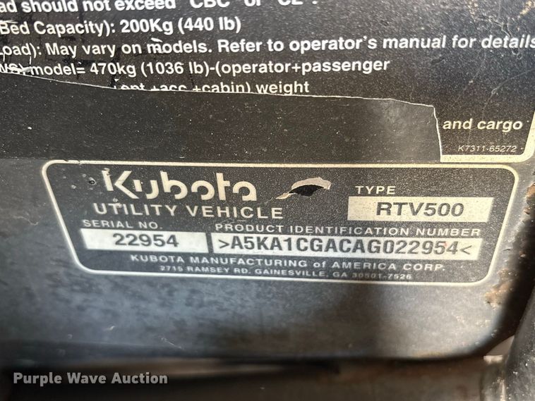 image for item FN3695 2010 Kubota RTV500 utility vehicle