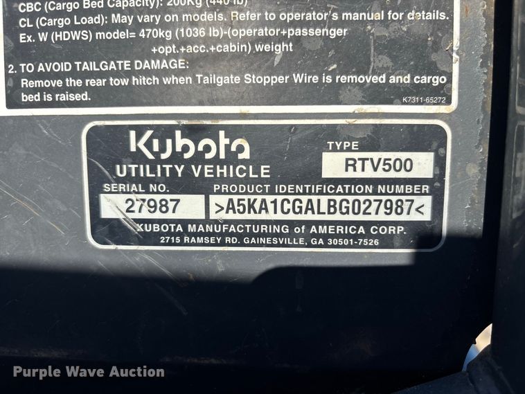image for item FN3696 2011 Kubota RTV500 utility vehicle