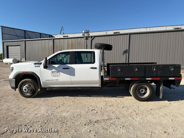 image for item FN3746 2021 GMC Sierra 3500HD 4X4 Crew Cab flatbed pickup truck