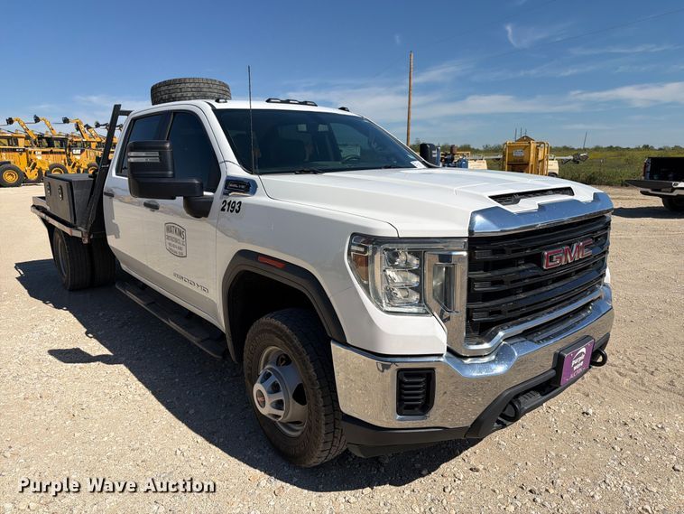 image for item FN3755 2021 GMC Sierra 3500HD 4X4 Crew Cab flatbed pickup truck