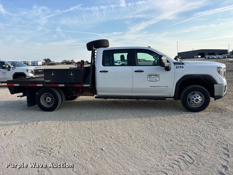 image for item FN3756 2021 GMC Sierra 3500 Crew Cab flatbed pickup truck