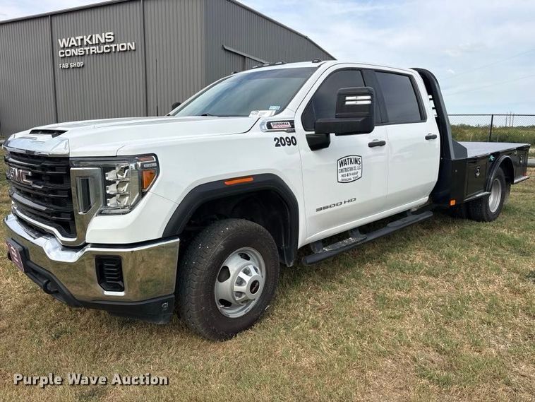 image for item FN3770 2020 GMC 3500 Crew Cab flatbed pickup truck
