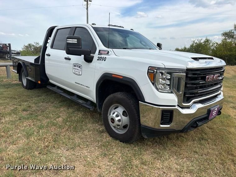 image for item FN3770 2020 GMC 3500 Crew Cab flatbed pickup truck