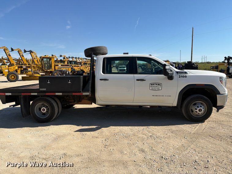 image for item FN3834 2021 GMC Sierra 3500HD 4X4 Crew Cab flatbed pickup truck