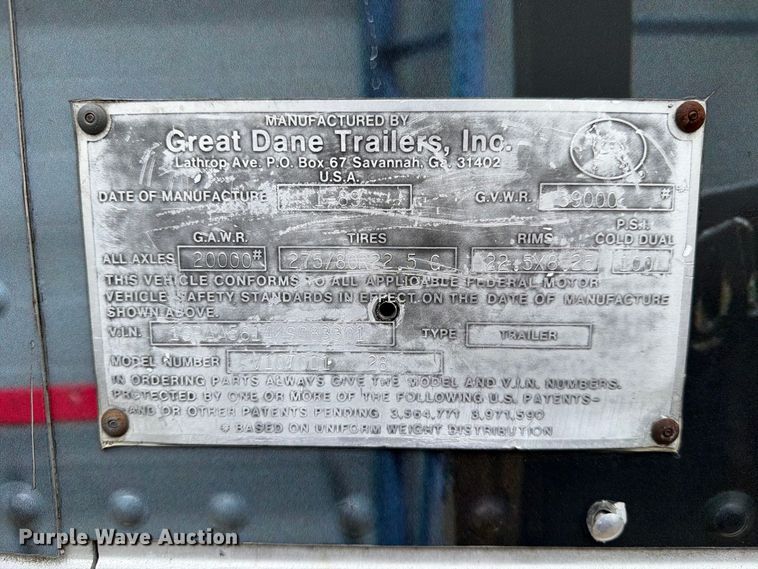 image for item DV7392 1989 Great Dane V107011 dry van trailer