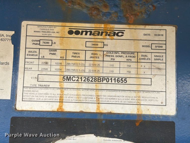 image for item EW2327 2011 Manac SFB48 flatbed trailer
