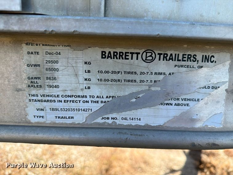 image for item EX1132 2005 Barrett Trailers, Inc. livestock trailer
