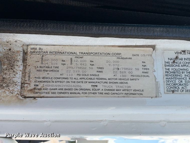 image for item FB8390 2000 International 8100 semi truck