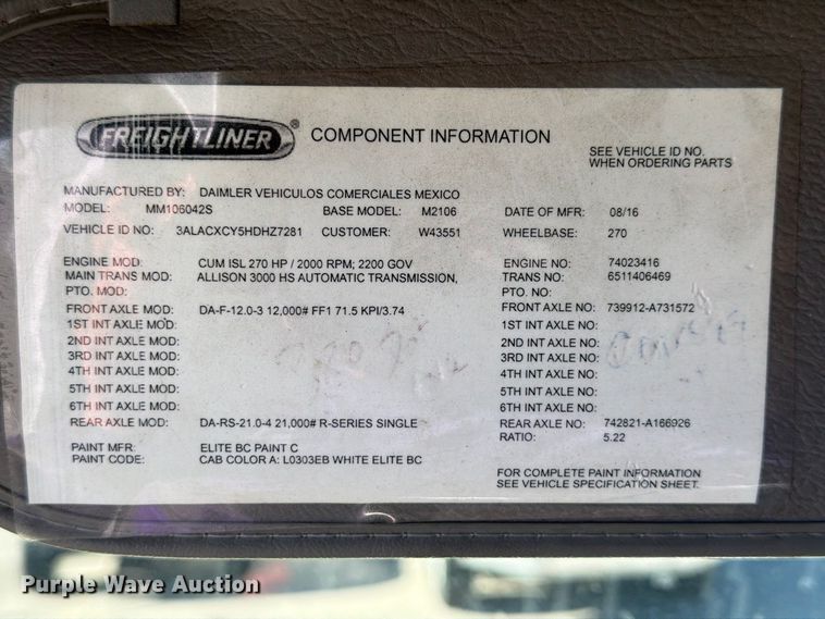 image for item FG3037 2017 Freightliner Business Class M2 Box Truck