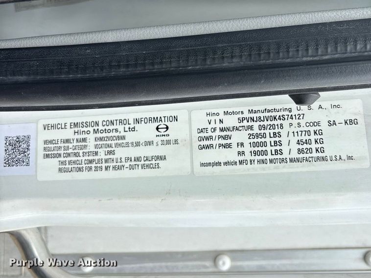 image for item YA3647 2019 Hino 268 box truck
