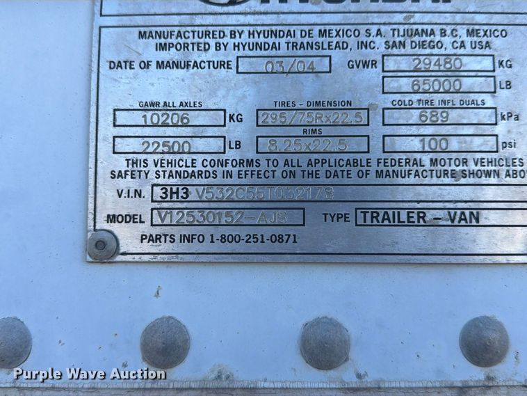 image for item YA5323 2004 Hyundai V12530152-AJS dry van trailer