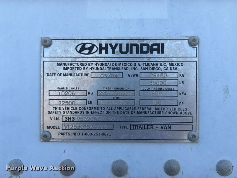 image for item YA5323 2004 Hyundai V12530152-AJS dry van trailer