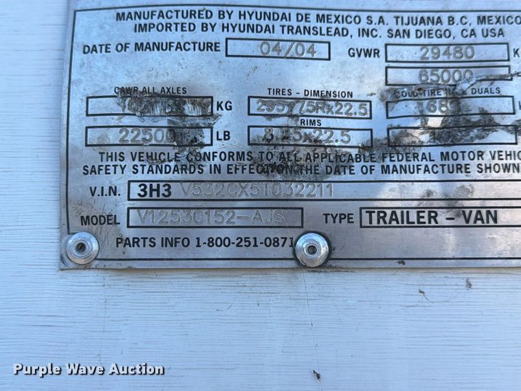 image for item YA5324 2004 Hyundai V12530152-AJS dry van trailer