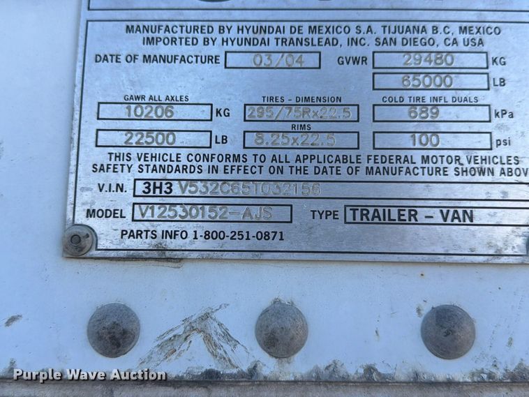 image for item YA5325 2004 Hyundai V12530152-AJS dry van trailer