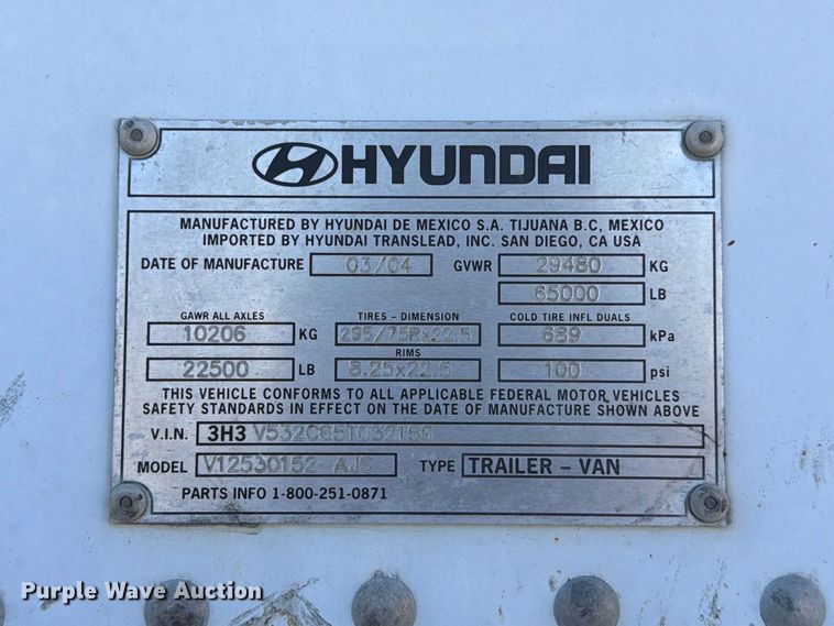 image for item YA5325 2004 Hyundai V12530152-AJS dry van trailer