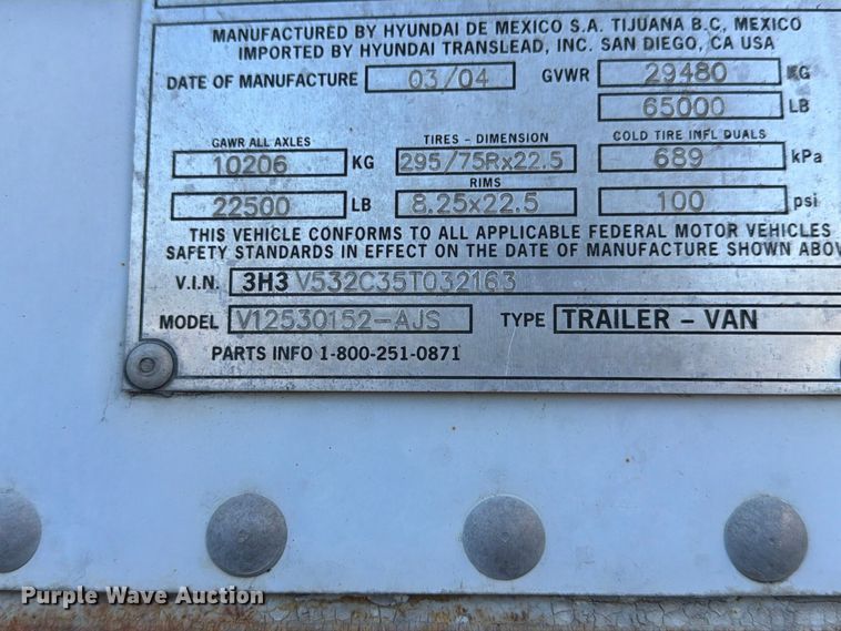 image for item YA5326 2004 Hyundai V12530152-AJS dry van trailer
