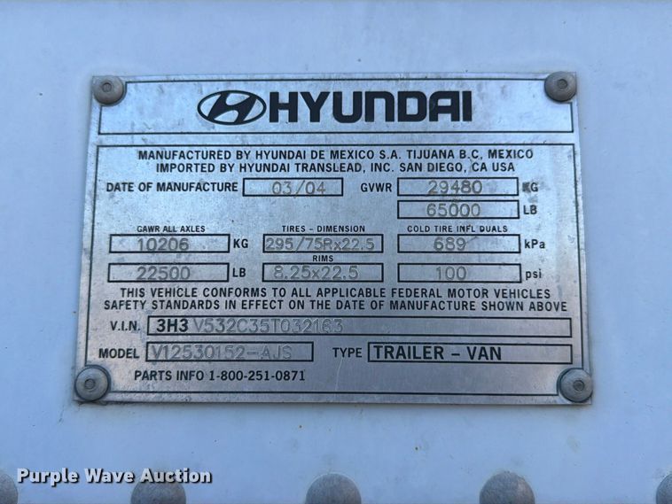image for item YA5326 2004 Hyundai V12530152-AJS dry van trailer