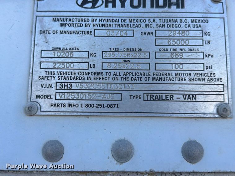 image for item YA5327 2004 Hyundai V12530152-AJS dry van trailer