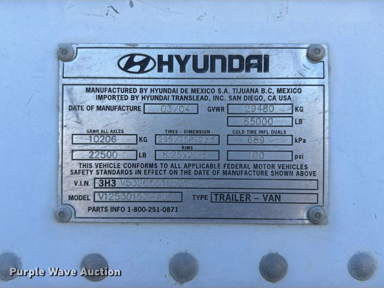 image for item YA5327 2004 Hyundai V12530152-AJS dry van trailer