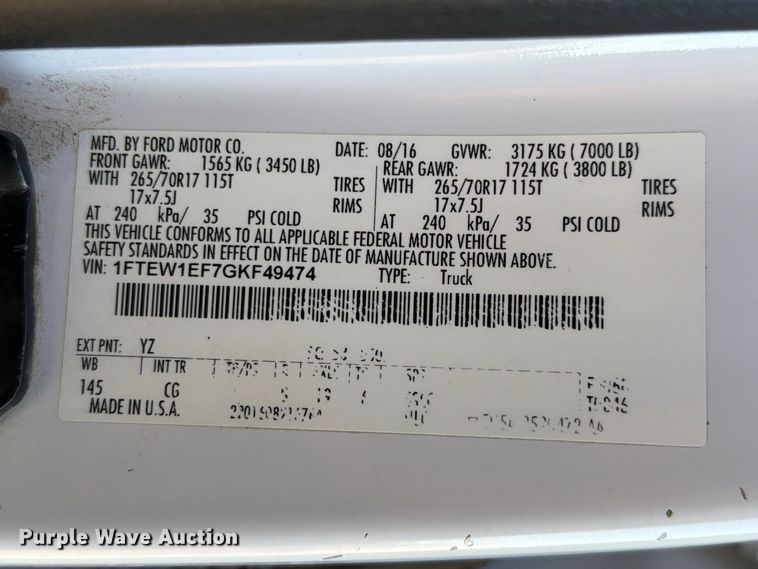 image for item FB8990 2016 Ford F150 Crew Cab pickup truck