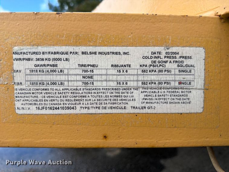 image for item FJ2059 2004 Belshe Industries equipment trailer