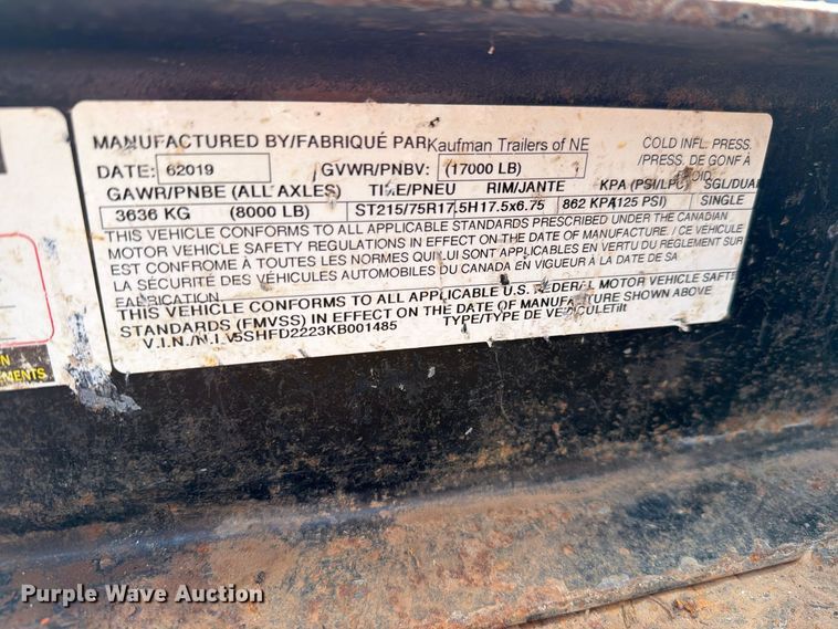 image for item EL1042 2019 Kaufman tilt deck equipment trailer