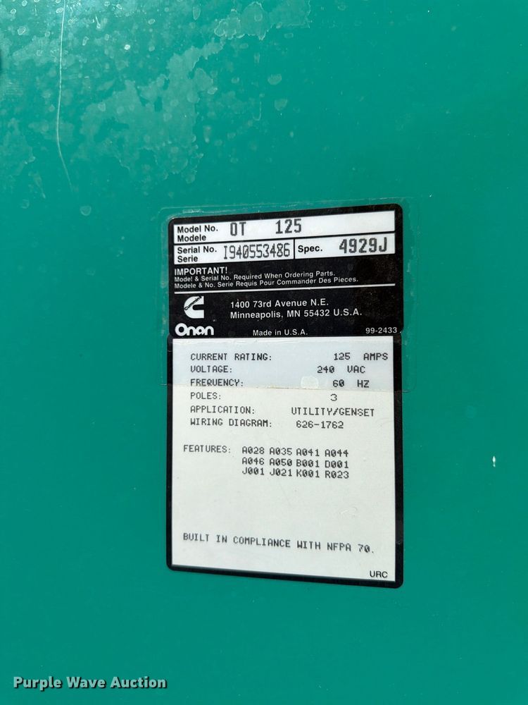 image for item FK3951 Onan OT 125 generator