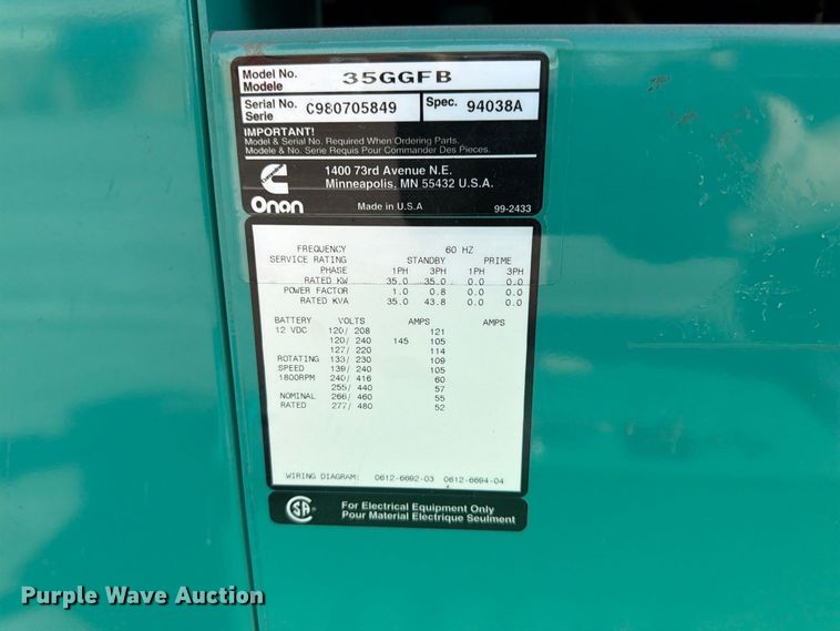 image for item FK3952 Onan 35GGFb Generator