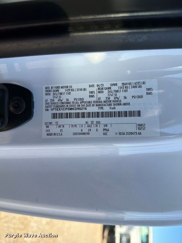 image for item DU3146 2021 Ford F150 Ext. Cab pickup truck