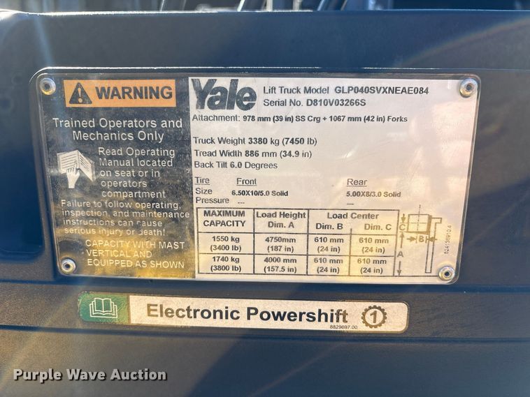 image for item ET8691 2019 Yale GLP040 forklift