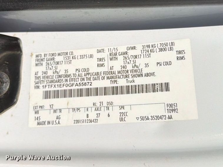 image for item FI2058 2016 Ford F150 Ext. Cab pickup truck
