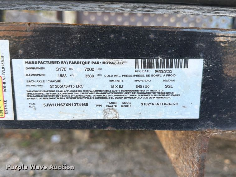 image for item FJ2066 2022 Sure-Trac ST8216TATTV-B-070 utility trailer