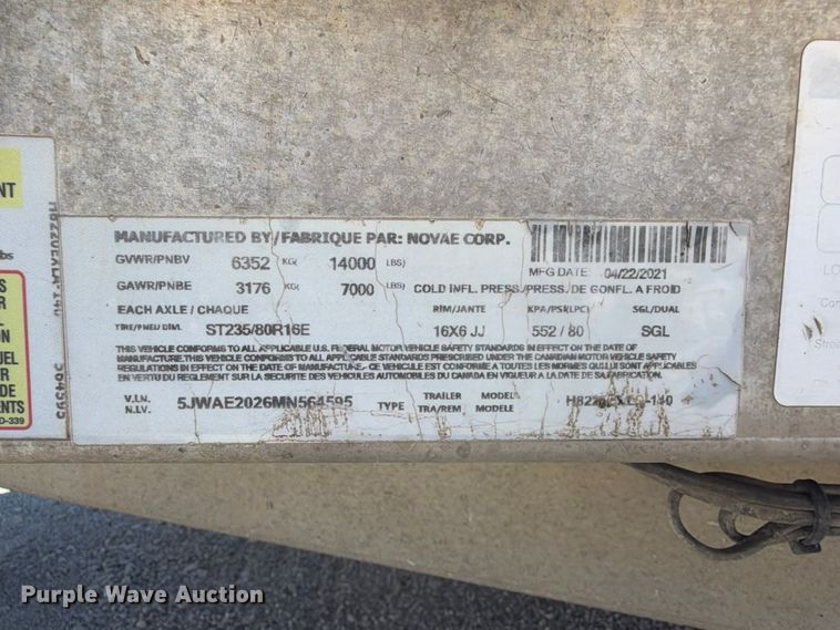 image for item FP3162 2021 H&H Trailer Co. H8220EXLA-140 utility trailer