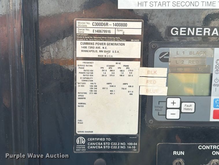 image for item FT6496 2014 Cummins C300D6R-1400800 generator