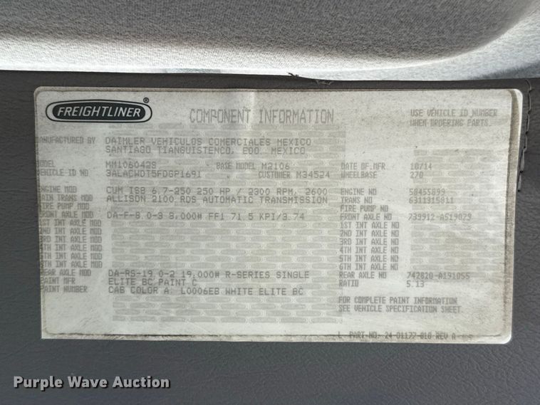 image for item FV2003 2015 Freightliner Business Class M2 box truck