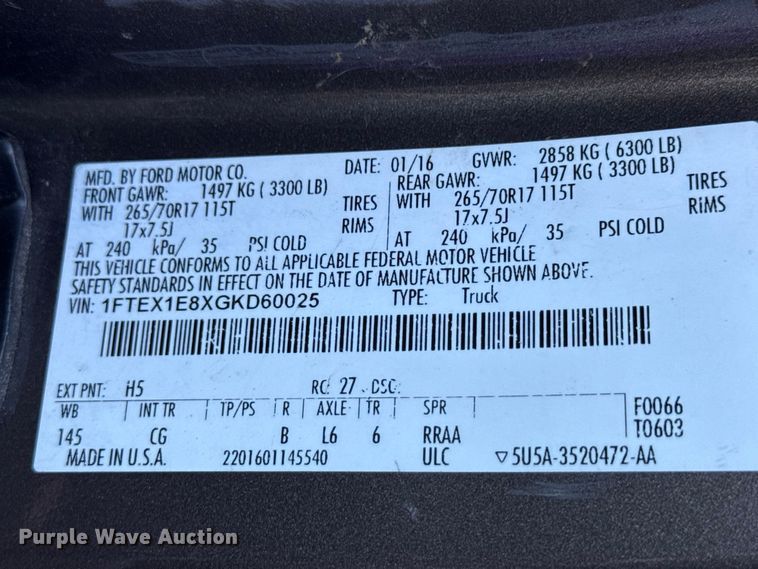 image for item YA5217 2016 Ford F150 Ext. Cab pickup truck