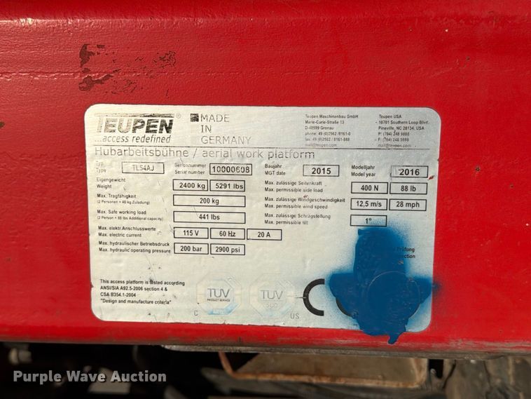 image for item EX1085 2016 Teupen TL54AJ boom lift