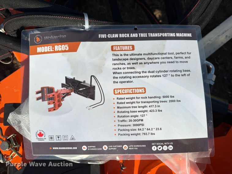 image for item EX4423 2026 Wolverine RG05 skid steer five-claw rock and tree transport attachment 