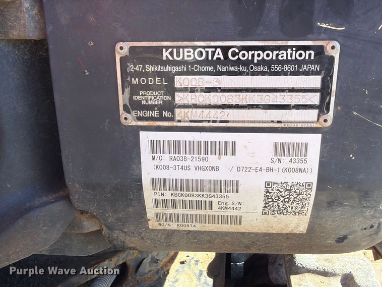 image for item EX4625 2019 Kubota K008-3 mini excavator