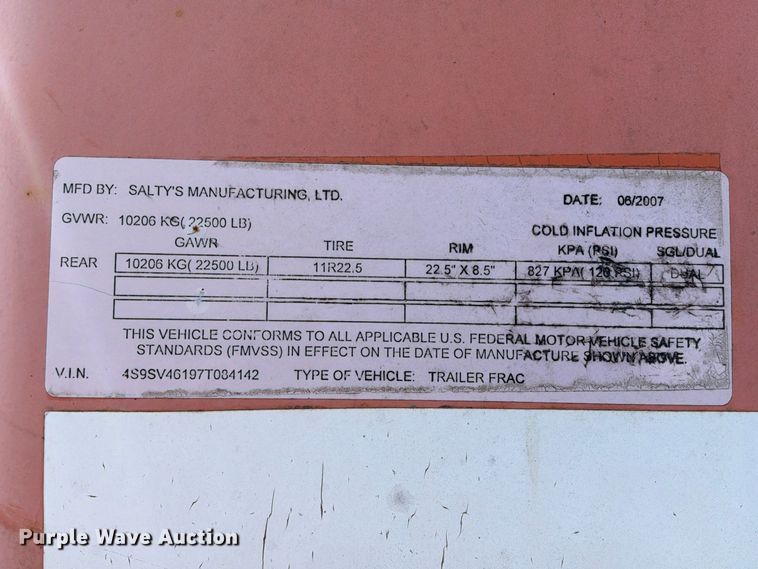 image for item FB8408 2007 Salty's Manufacturing frac tank trailer