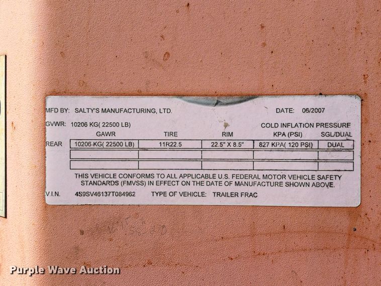 image for item FB8409 2007 Salty's Manufacturing frac tank trailer