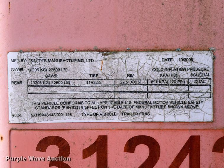 image for item FB8433 2008 Salty's Manufacturing frac tank trailer