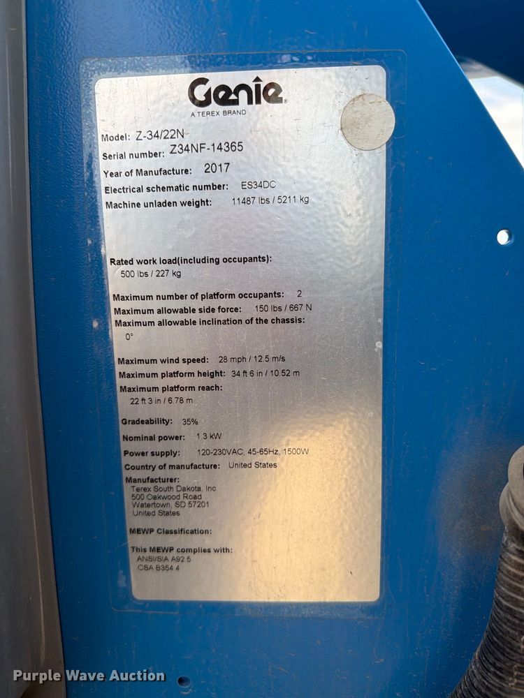 image for item FC0025 2017 Genie Z-34/22N boom lift