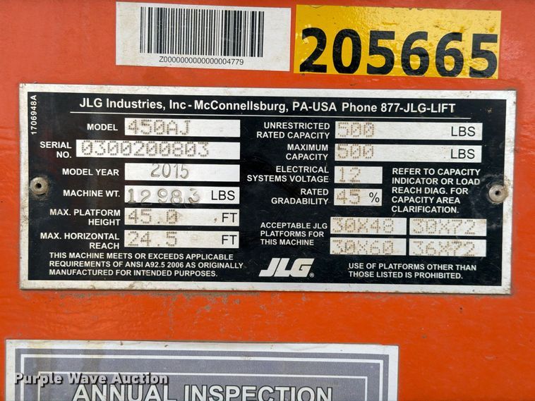 image for item FC0026 2015 JLG 450AJ boom lift