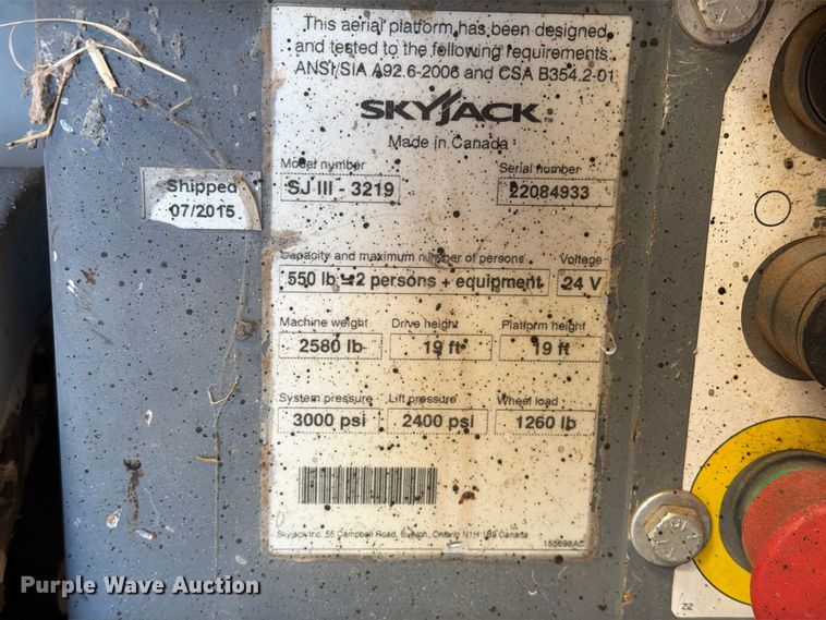 image for item FC0075 2015 Skyjack SJIII-3219 scissor lift