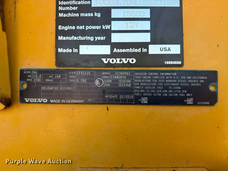 image for item FC3430 2018 Volvo L70H wheel loader
