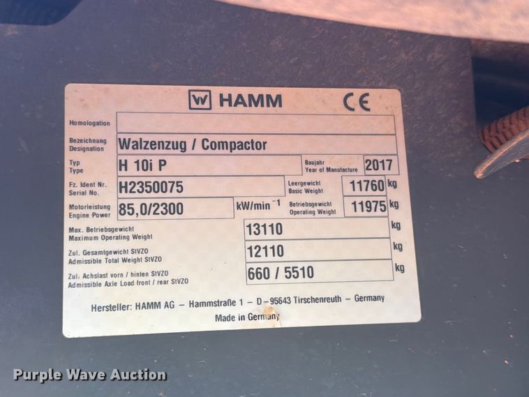 image for item FN2071 2016 Hamm H10iP single drum vibratory roller