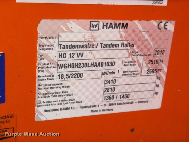 image for item FN2074 2018 Hamm HD12 VV double drum vibratory roller